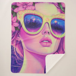 Cobertor Sherpa Neon Dream Girl com óculos de sol florais