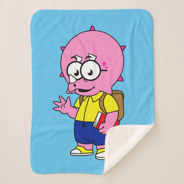 Cobertor Sherpa Nerd Tricerátops Com Mochila E Livro De Texto. (Frente)
