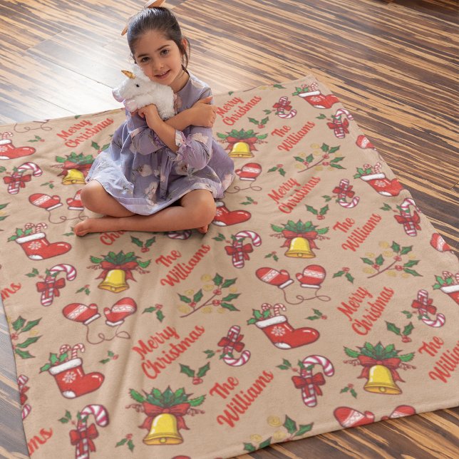 Cobertor Sherpa Nome da família Padrão de Natal Feliz (Criador carregado)