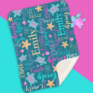 Cobertor Sherpa Nome da tartaruga-do-mar padrão rosa-púrpura