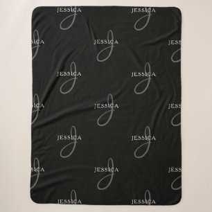 Cobertor Sherpa Nome Elegante & Monograma   Preto, Branco & Cinza