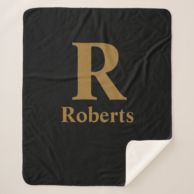 Cobertor Sherpa Nome inicial/primeiro/família Dourado em preto (Frente)