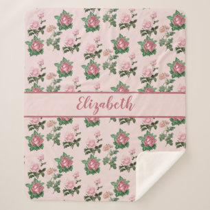 Cobertor Sherpa Nome Monograma Rosas Cor-de-Rosa Floral Shabby Chi