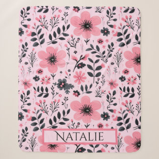 Cobertor Sherpa Nome personalizado Black & Pink Floral Sherpa Blan