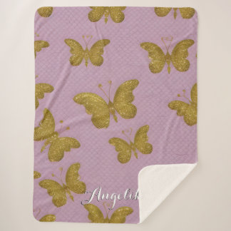 Cobertor Sherpa Nome Personalizado de Borboletas Douradas