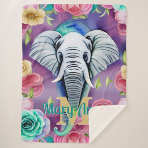 Cobertor Sherpa Nome Personalizado do Elefante Floral Watercolor