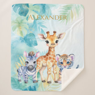 Cobertor Sherpa Nome personalizado Jungle Baby Zebra Giraffe e Tig