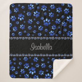 Cobertor Sherpa Nome personalizado, patas de cachorro brilho azul