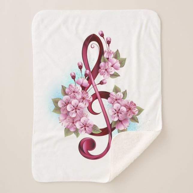 Cobertor Sherpa Notas de clave de trecho musical com flores de Sak (Frente)