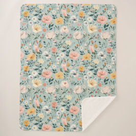 Cobertor Sherpa Núcleo Floral de Aquarela Azul Amarelo Rosa Cottag