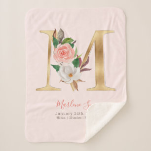 Cobertor Sherpa Números de nascimento rosa e dourado - Letra M -
