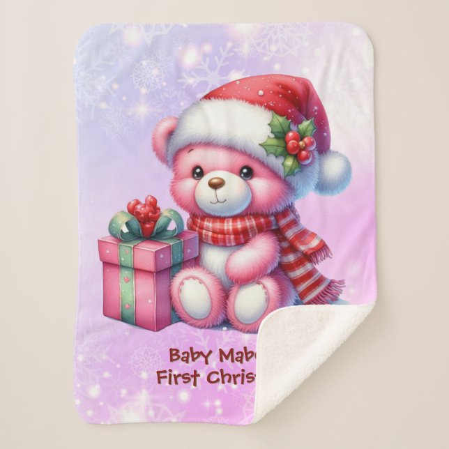 Cobertor Sherpa O Primeiro Bebê Rosa de Natal e Urso Vermelho (Frente)