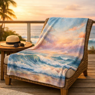 Cobertor Sherpa Oceano Majestoso Ondas Sunset Aquarela Costeira
