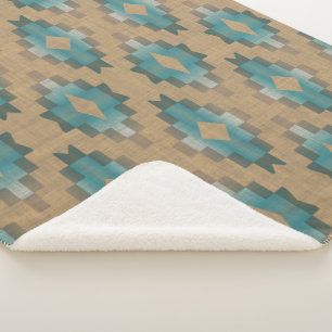 Cobertor Sherpa Ochre Brown Taupe Teal Blue Padrão de Arte Tribal