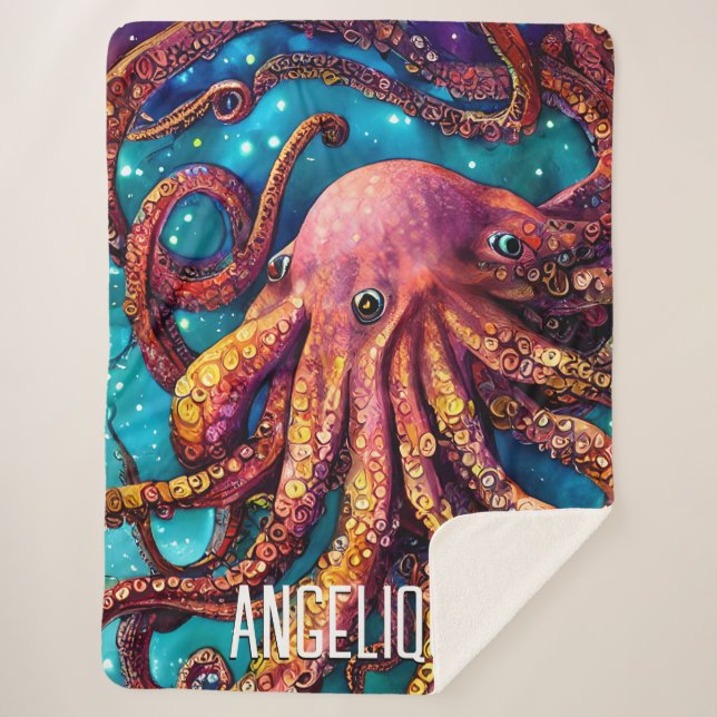 Cobertor Sherpa Octopus de Aquarela de alienígena com Nome Persona (Frente)
