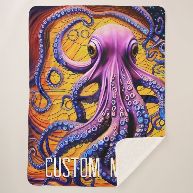 Cobertor Sherpa Octopus Whimsical com Nome Personalizado (Frente)