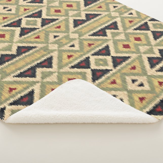 Cobertor Sherpa Oliveira Verde Ochre Yellow Tribal Ikat Art (3/4)