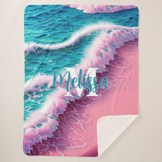Cobertor Sherpa Ondas de Verão em Monograma Rosa II (Frente)