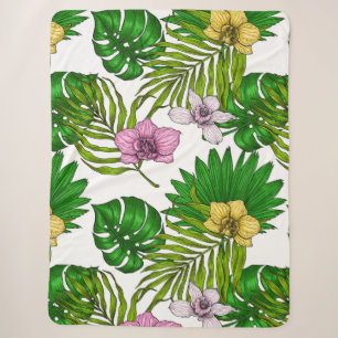 Cobertor Sherpa Orchids and palm leaves, pink, yellow, green and w
