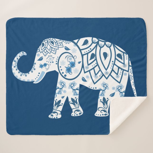 Cobertor Sherpa Ornate Patterned Blue Elephant (Frente (Horizontal))
