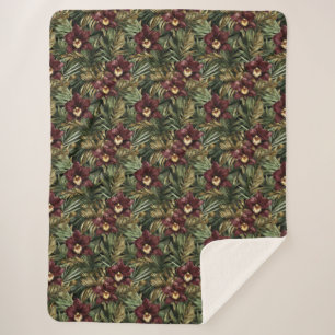 Cobertor Sherpa Orquídea Floral Tropical Vermelho Borgonha