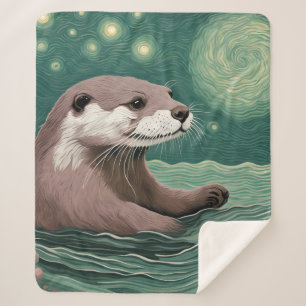 Cobertor Sherpa Otter em uma Sage do Oceano Noturno Estrelada e Ro