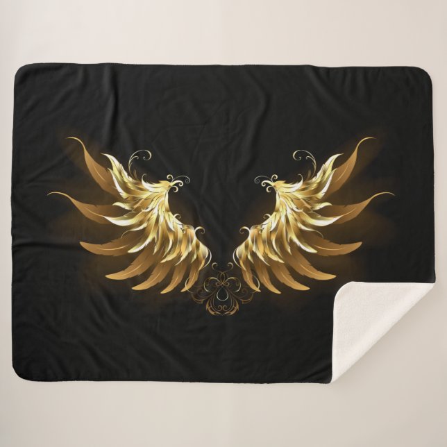 Cobertor Sherpa Ouro Angel Wings sobre fundo preto (Frente (Horizontal))
