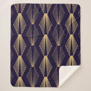 Cobertor Sherpa Ouro art Deco Pattern. Escuro azul escuro