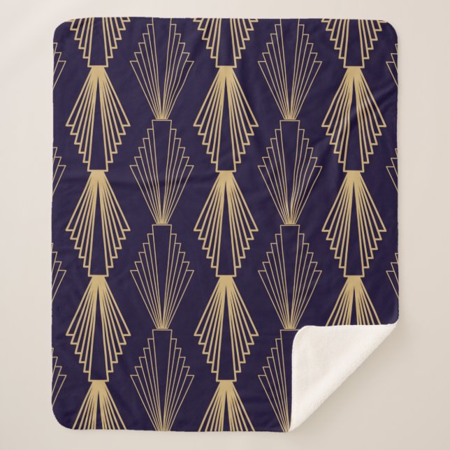 Cobertor Sherpa Ouro art Deco Pattern. Escuro azul escuro (Frente)