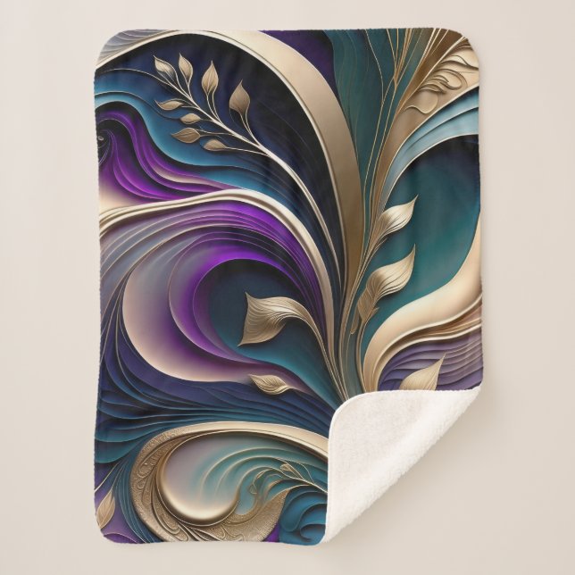Cobertor Sherpa Ouro Bloom - Flora Profunda Roxo e Abstrato Teal (Frente)