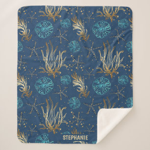 Cobertor Sherpa Ouro Starfish e Coral Reef Patterno em Azul