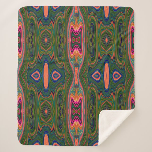 Cobertor Sherpa Padrão Abstrato azul, verde e laranja retrô (Frente)