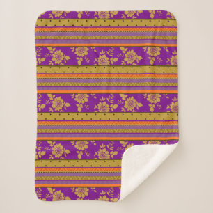 Cobertor Sherpa Padrão Boho Chic Purple Orange Floral Stripes