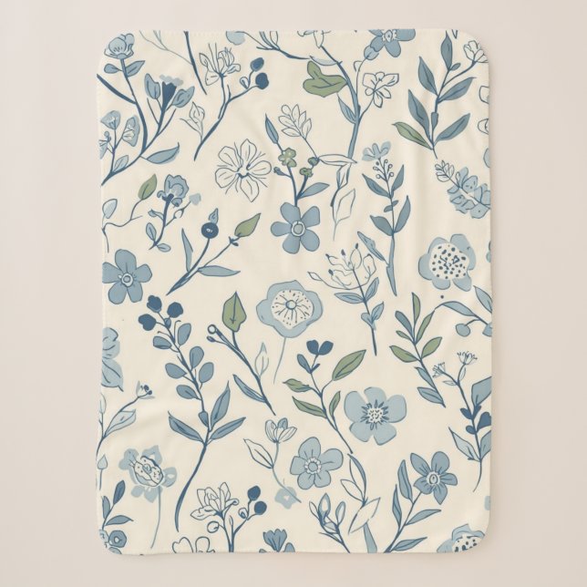 Cobertor Sherpa Padrão Botânico de Prado de Flores Silvestres Azul (Frente)
