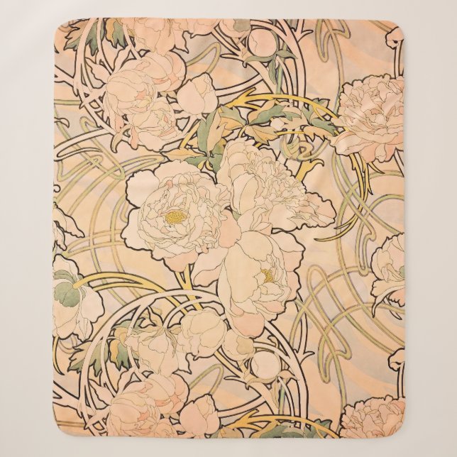 Cobertor Sherpa Padrão Clássico de Jardim de Peônia Art Nouveau po (Frente)