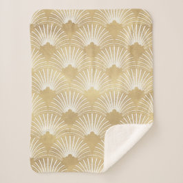 Cobertor Sherpa Padrão contínuo art-déco dourado e branco