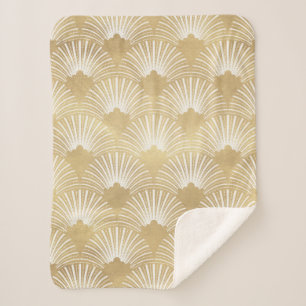 Cobertor Sherpa Padrão contínuo art-déco dourado e branco