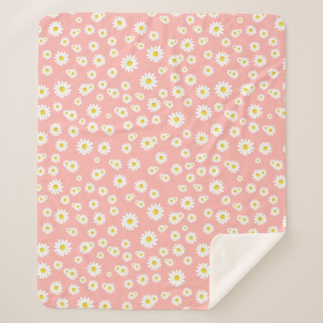 Cobertor Sherpa Padrão Coral Pink Boho Primavera Daisies (Frente)