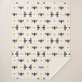 Cobertor Sherpa Padrão de Abelha Elegante Amarelo Moderno Monogram