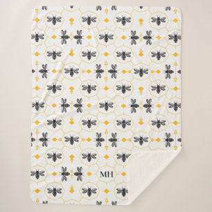 Cobertor Sherpa Padrão de Abelha Elegante Amarelo Moderno Monogram