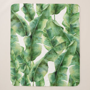 Cobertor Sherpa Padrão de aquarela com folhas de palma de banana.