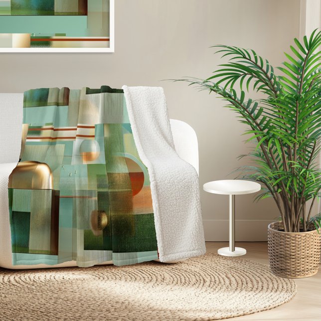 Cobertor Sherpa Padrão de Arte Moderna Abstrata Colorida (Sherpa blanket featuring a modern abstract design in green, teal and gold)