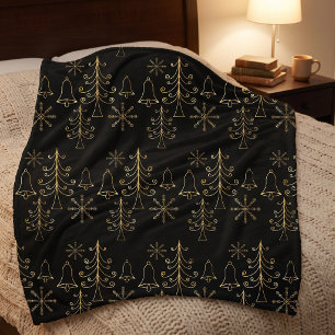Cobertor Sherpa Padrão de Árvore de Natal em Arame Preto e Dourado