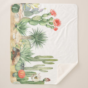 Cobertor Sherpa Padrão de Borda de Aquarela Cactos Bloqueando