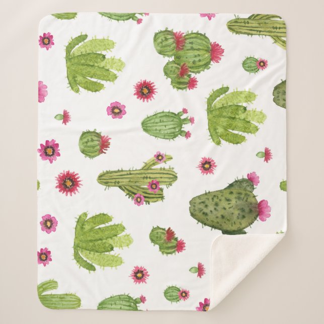 Cobertor Sherpa Padrão de Cacto Verde Pintado à Mão (Frente)