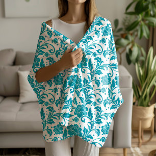 Cobertor Sherpa Padrão de damasco floral turquesa e branco