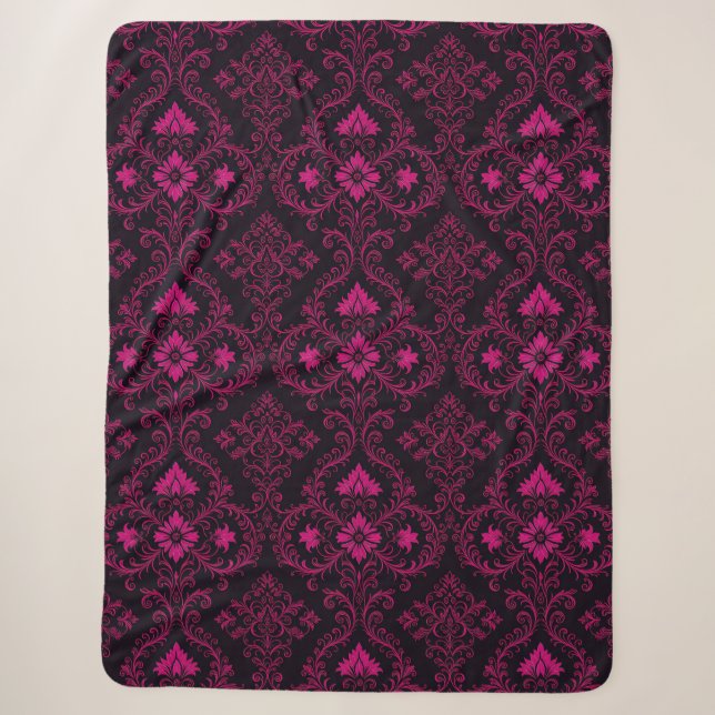 Cobertor Sherpa Padrão de damasco gótico roxo e preto (Frente)