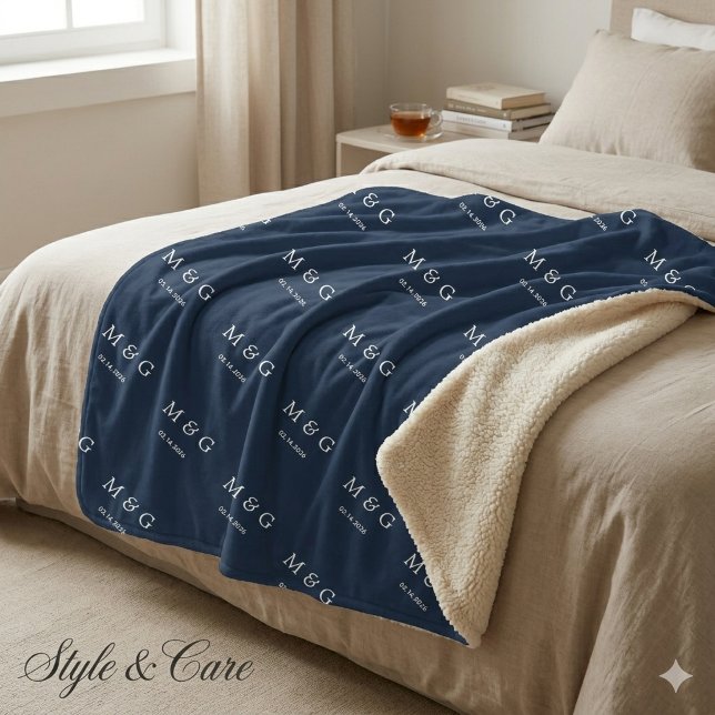 Cobertor Sherpa Padrão de Data de Monograma Personalizado Stylish  (Custom Monogram Date Pattern Stylish Navy Sherpa Blanket)