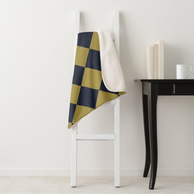 Cobertor Sherpa Padrão de Diamante Azul Elegante Dourado e Marinho (In Situ)