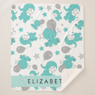 Cobertor Sherpa Padrão De Elefantes Azuis, Estrelas, Seu Nome